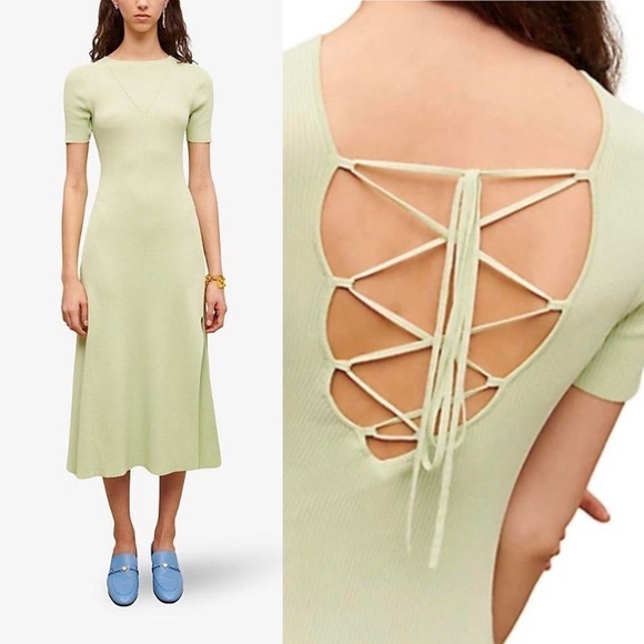 Maje Dresses & Skirts - MAJE Ruched lace-up ribbed stretch-knitted Aline Short Sleeve midi dress sz 38 M